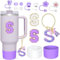 Set di 13 accessori per tazze con lettere Stanley, copertura in paglia, in silicone, compatibili con Stanley Tumbler da 850,5 g, 1134 g, personalizzabili, con nome iniziale A-Z, lettere adesive per