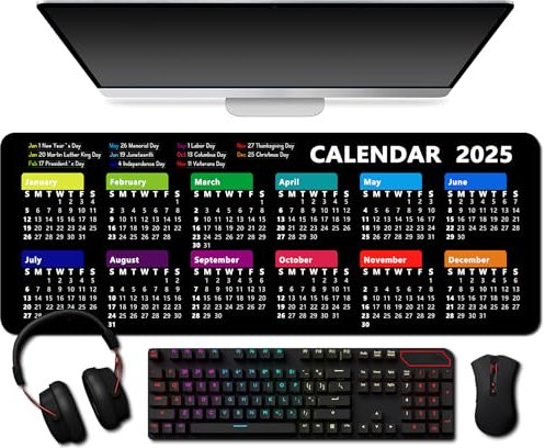 Amakoo - 2025 Calendar with Holiday Mouse Pad, Large Gaming Mousepad for Computer Laptop Non-Slip Rubber Desk Mat,for New Year Office (11.8 X 31.5 Inch) - Black
