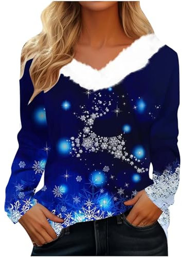 Weihnachtspullover für Damen, trendig, bedruckt, Plüsch, V-Ausschnitt, Patchwork-Pullover, Blusen, langärmelig, schmale Passform, warmes T-Shirt, lässig, elegant, dick, Sweatshirt, Top, 06#Blau, 3XL