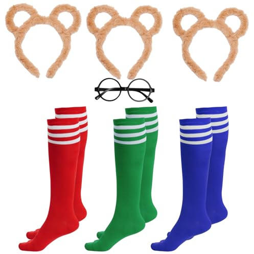 8 Stück Streifenhörnchen Kostüme Set Chipmunks Kostüme Set 3 Chipmunk Ohren Stirnband 1 Rahmen Gläser 1-roter Hut und 3-Paar Kniehohe Socken für Teens Erwachsene Halloween Party Tier Kostüm Zubehör