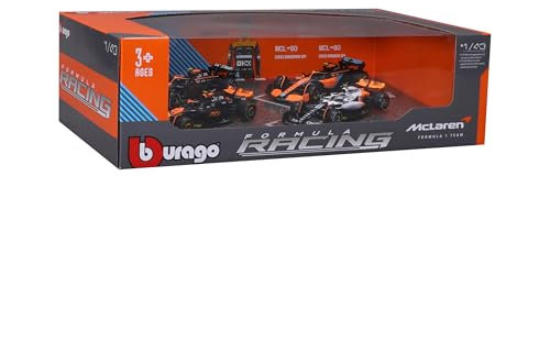 Bburago Formula 1 F1 McLaren - Set di 4 pezzi in scala 1:43, incredibilmente dettagliata, replica di auto da corsa pressofusa da collezione, arancione