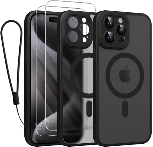 Phoona Cover Magnetica per iPhone 15 Pro Max 6,7 con Cordino e 2 Pellicole in Vetro Temperato, Compatibile con Magsafe, Custodia Traslucida Opaca Resistente Antiurto Sottile Protettiva Case, Nero