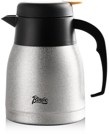 Bincoo 34oz Thermal Coffee Carafe with Brush-Insulated Stainless Steel Vacuum Kettle for Keeping Hot and Cold,Double Walled Vacuum Coffee and Tea Beverage (Sliver)