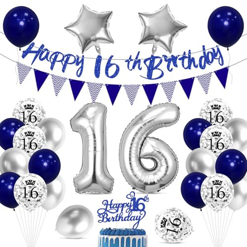 Cadimus 16. Geburtstag Deko,Happy Birthday Ballon Dekoration,16 Geburtstag Blau Silber Luftballons,Happy Birthday Folienballon 16, 16 Jahre Männer Frauen Party Deko