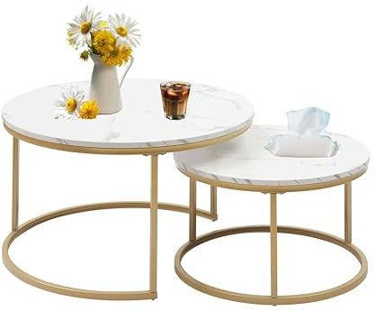 Xisilla Couchtisch Rund-Set (2-teilig) Couchtisch Marmor Zwei-in-eins, geeignet für Wohnzimmer, Lounge, Home Office und Terrassen Golden ⌀80cm und ⌀60cm