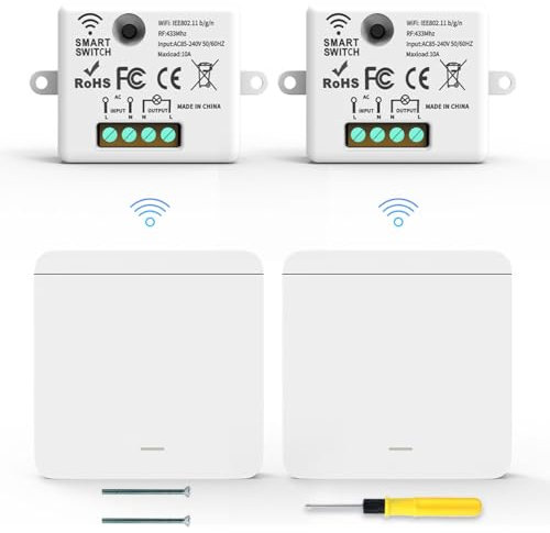 Acmerota Interruptor inalámbrico Kit de interruptor de luz remoto 85-240V 10A Max Interruptor RF de Encendido/Apagado sin Cableado para Lámparas de hasta 1000W / 328ft (2 Remotos + 2 Receptores)
