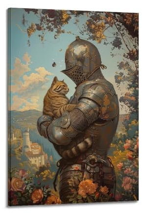 Mittelalterlicher Ritter mit Katze, Fantasie-Schloss, Templer-Poster, dekoratives Gemälde, Leinwand, Wandkunst, Bild, Druck, moderne Familienschlafzimmer-Dekoration, 50 x 75 cm