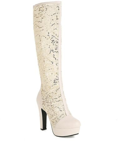 Stivali alti al ginocchio in rete da donna, punta rotonda, plateau con tacco alto e cerniera posteriore, stivali lunghi, scarpe da ballo alla moda, scarpe estive casual, beige., 36 EU