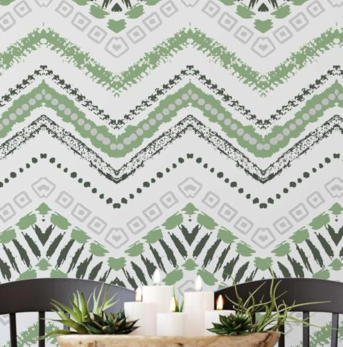 S4Sassy Revestimiento de pared autoadhesivo, vinilo removible con diseño tribal en zigzag, mural texturizado, papel tapiz verde para renovación instantánea de paredes, de 63 x 61 cm.