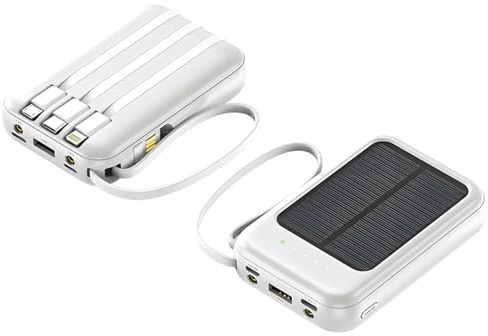 Power Bank portatile, capacità 20000 mAh, caricatore solare per telefono cellulare, bianco, per esterni, cavo di ricarica integrato, design a pannello solare