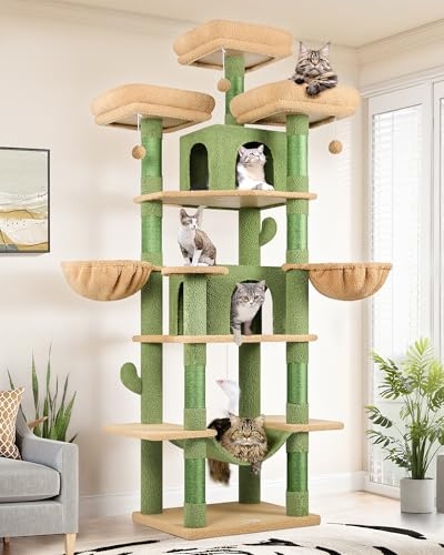 Globlazer F80 Kratzbaum XXL Grün Kaktus Stabil 204cm für 2/3/4 Katze Innen | Katzenbaum mit 3 Sitzstangen, Hängematte, Einfach zu montieren Katzenschloss für Wohnzimmer, Schlafzimmer, Studio