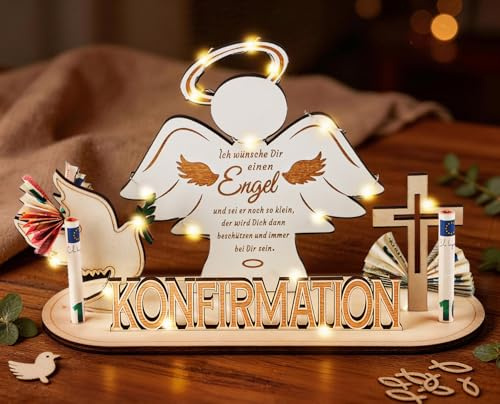 Giftota Geldgeschenk Konfirmation Holz mit LED Lichterkette, Kreative Konfirmation Geschenke für Mädchen Jungen, Schutzengel Deko Geschenk