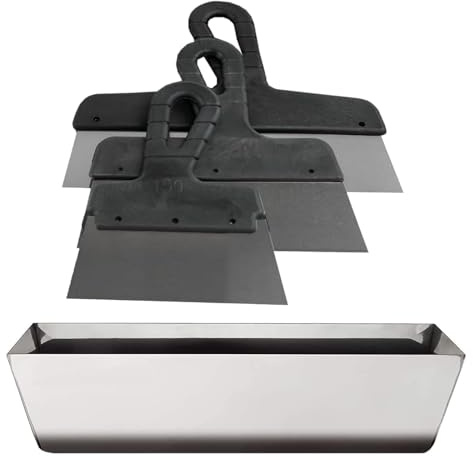 Stainless Steel Mud Pan 25 cm 10 inch + 3 x Filling Knife Set Drywall Taping Jointing Wall Crack Repair DIY Hand Tools (M3F)