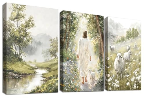 3Pcs Jesus Lamm Christlich Leinwand Bilder Set Mit Rahmen Poster Ostern Er ist auferstanden Grasland Bild auf Leinwand Malerei Gott Bibel Wandbilder Wohnzimmer Schlafzimmer Wanddeko 50x70cm x3pcs