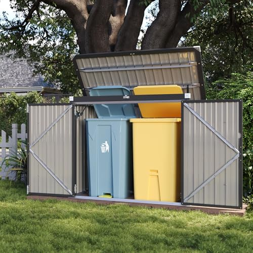 Aoxun 150 x 117 x 80 cm Metal Tool Shed, Wheelie Bin Box for 2 Bins, Weatherproof Garden Cabinet with Chain Hoist Lid & Gas Lift, Opening Front & Top Doors, Black