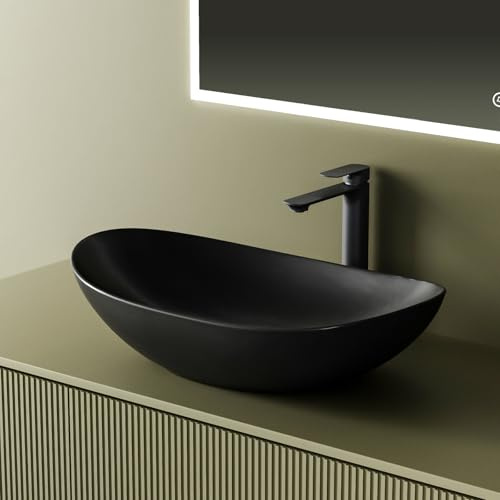 EMKE Aufsatzwaschbecken oval, 61,9 x 36 x 15,7 cm, Schwarz Matt | Keramik Waschbecken, Waschtisch, 45 mm-Ablauföffnung, ohne Hahnloch, ohne Wasserhahn, Waschschale für Badezimmer und Hotel