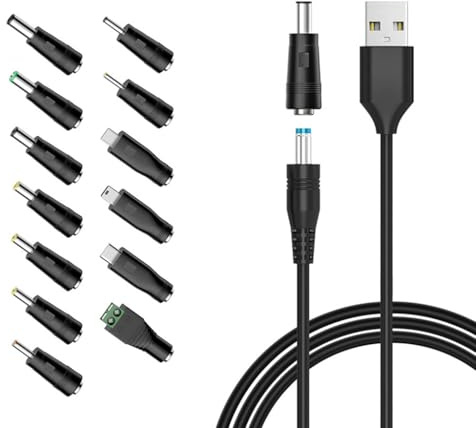 Câble USB vers fiche creuse CC - 13 en 1 - Câble de charge universel - 1,5 m - Avec 13 fiches CC - Pour routeur, boîte TV, bandes LED, rasoir, bloc d'alimentation 5 V 1 A, câble DC 5 V, câble de