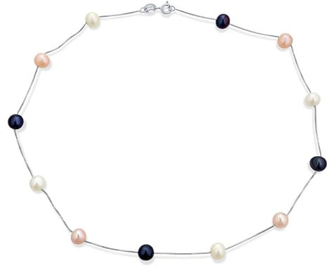 Collier Perles Culture D'Eau Douce Blanches Roses Et Noires 7 MM En Argent Sterling .925 Avec Des Perles Station Sur Chaîne Pour Femmes Pour Mariage Couleur Multiple En Forme Tasse Nuptiale 18 Pouces
