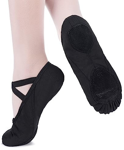 tanzmuster Ballettschuhe Damen - Charlie - Geteilte Ledersohle - schwarz Größe 39- Ballettschläppchen für Erwachsene - Schwarze Tanzschuhe fürs Ballett
