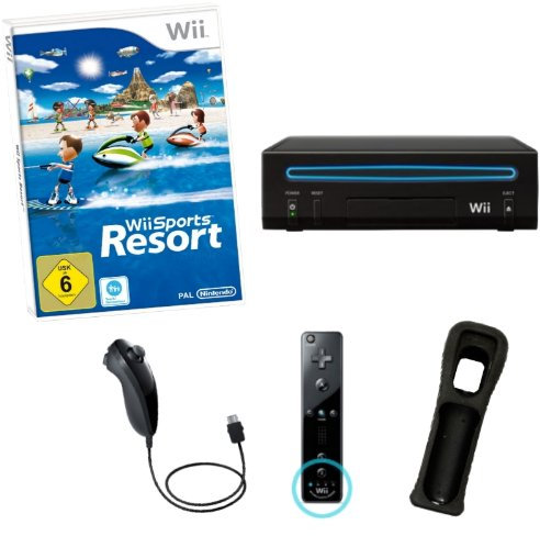NINTENDO Wii Konsole schwarz + Wii Sports Resort (12 Sport Spiele) Nintendo Remote Plus und Nunchuck Controller