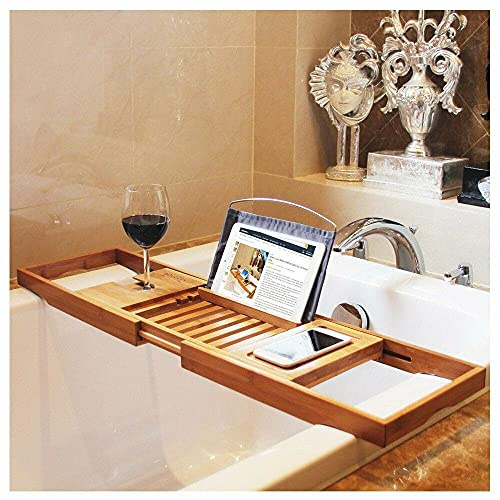 Bamboo Bathtub Caddy Tray Extendable Luxury Spa Organizer with Folding Sides Natural Ecofriendly Wood Integrated Tablet Smartphone Wine Book Holders