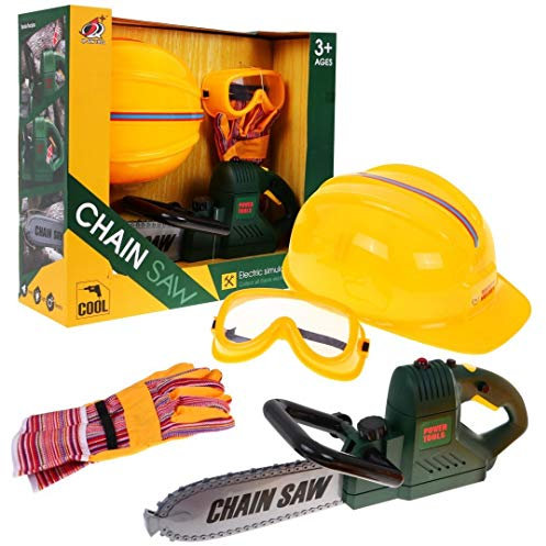 Jeu d'Imitation - Outil Jouet, Outil Électrique pour Enfants, Scie à Bois Jouet Réaliste, Tronçonneuse avec Lunettes protectrices, Gants et Casque