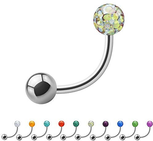 Treuheld® | 1.6mm x 6mm Piercing Banane Silber | 5mm Kristall Kugel + 5mm Stahl Piercingkugel | Bunt/Crystal | Chirurgenstahl | Nabel, Intim