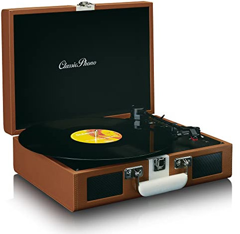 Lenco Classic Phono by Lenco TT-120 Plattenspieler - Kofferplattenspieler mit integriertem Akku - Bluetooth - 33, 45, 78 RPM - Riemenantrieb - 2 Lautsprecher - AUX-IN, RCA-Out, 3,5mm - Braun/Weiß