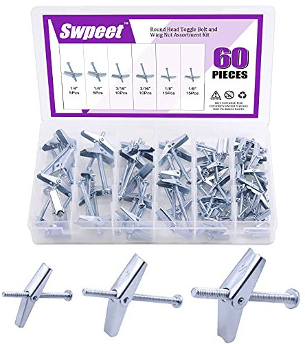 Swpeet - Set di 60 bulloni a levetta e dadi ad aletta, per appendere oggetti pesanti su cartongesso, 1/8, 3/16, 1/4