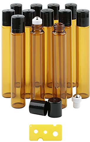 Pxyelec Lot de 12 flacons en verre ambré pour huiles essentielles, 10 ml avec bouchon à vis vide avec billes en acier inoxydable, avec 1 décapsuleur
