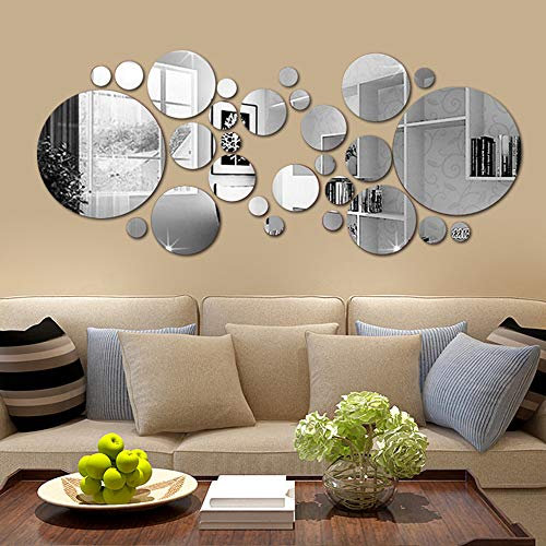 Beenle-Icey 26Pcs Miroirs Adhésifs Muraux Acrylique Argent Autocollant Miroir Mural Bricolage Miroirs Adhésifs Ronds pour Décorer la Maison ou Le Bureau
