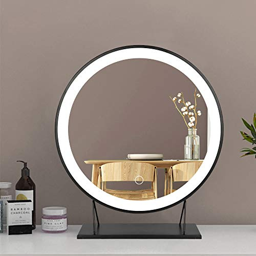 XUANYU Groß Runde Schminkspiegel mit Beleuchtung mit Metallrahmen Beweglich Tischspiegel Standspiegel, Eine Vielzahl von Spezifikationen (Schwarz, Kaltweiß Licht, 50cm)