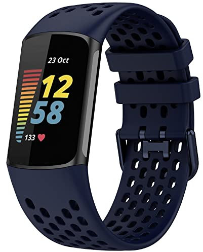 TopPerfekt Sport Bands Compatible with Fitbit Charge 5, Adjustable Breathable Soft Silicone Sport Replacement Watch Straps Wristbands Bracelet for Charge 5 Activity Tracker Women Men (1-Navy Blue)