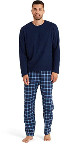 Snuggaroo Ensemble de pyjama en polaire douce pour homme avec haut à manches longues et bas à carreaux, bleu marine/bleu, M