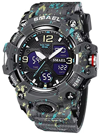 SMAEL Herren-Armbanduhr, Militär, wasserdicht, Sportuhr, Datumsanzeige, multifunktional, LED, Alarm, Stoppuhr, Digitaluhr für Herren