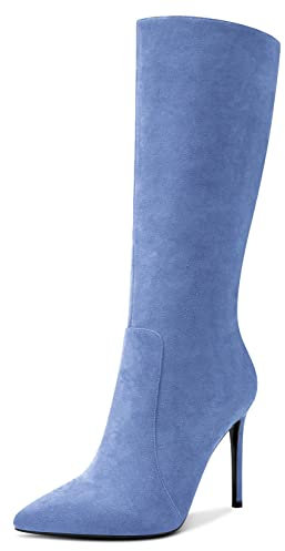 Aachcol Donna Metà polpaccio Stivali Spillo Alto High Tacco Heel Chiusa a Punta Cerniera Classico 10 CM Azzurro Scamosciato 45 EU
