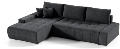Ecksofa Sofa DRACO mit Schlaffunktion + Bettkasten Couch Wohnzimmer Polstermöbel (Linke Seite, dunkelgrau)
