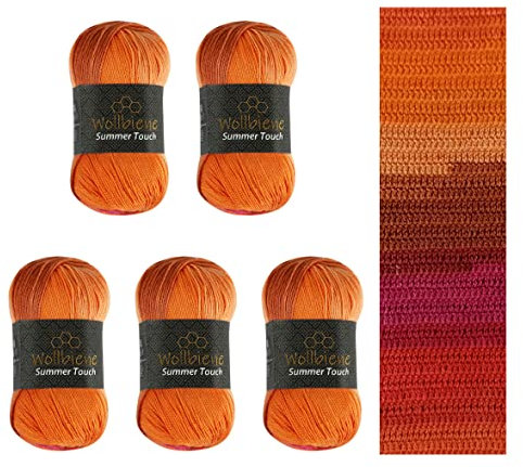 Wollbiene Summer Touch Batik 5 x 100 Gramm Wolle Mehrfarbig mit Farbverlauf, 500 Gramm merzerisierte Strickwolle Microfiber-Acryl (510 orange pink)