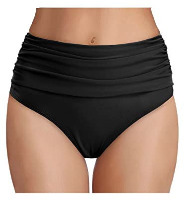 Tempt Me Women's Black High Waisted Bikini Bottom Tummy Control Ruched Bathing Suit Swim Bottom L
