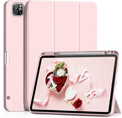 JKSML Custodia per iPad Pro 12,9 2022 di sesta generazione con portapenne, custodia Pro 12 9 5° Gen 4° Gen 3.Gen 2021/2020/2018, Auto Wake/Sleep, Slim Smart Folio iPad Pro 12,9 pollici, Rosa