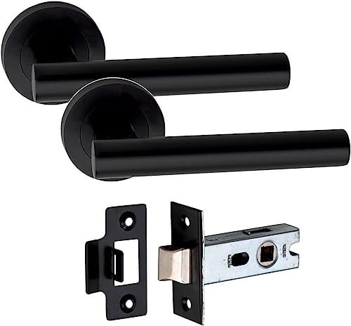 Golden Grace Straight T-Bar Design Door Handles on Round Rose with 2.5 Tubular Latch in Matt Black Finish, 1 Pair - 52mm Diameter