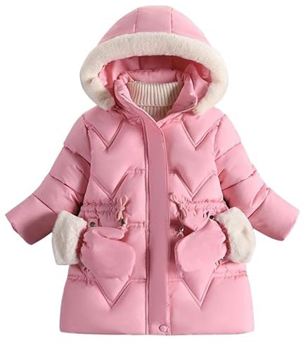 LAEMILIA Fleece Warm Winterjacke für Kinder Mädchen Steppmantel Verdickte Gefüttert Baumwollmantel mit Fellkapuze Winddichte Übergangsjacke Parka mit abnehmbarer Handschuhe Pink 92-98