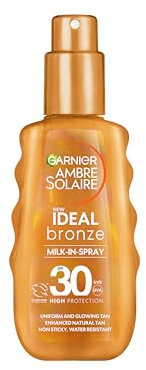 Garnier Ambre Solaire Ideal Bronze SPF30 Milk-In Spray, Tan Enhancing, with Vitamin E, High UVA & UVB Protection, Water Resistant, Non-Greasy, Uniform & Glowing Tan, No Self-Tan, 150ml