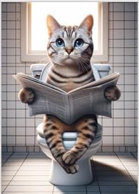 Parksmoonprints A4 Tabby Cat Sitting on the Toilet Reading a Newspaper - Funny Animal Print Kitten Picture Bathroom Wall Art Sign Loo Ensuite Sign