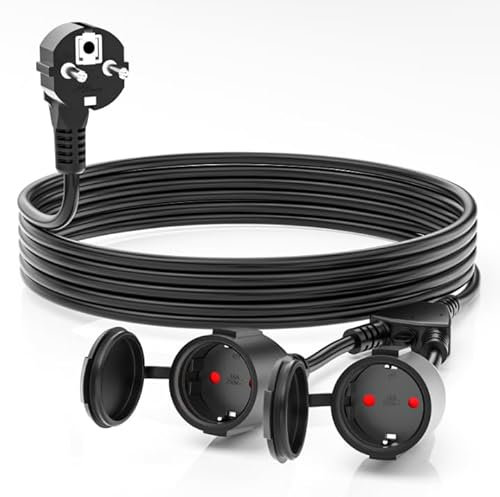 3m Cavo di Prolunga Esterno IP44 con Doppia Presa Impermeabile/Prolunga Multipla 2 Vie, 250V/16A, Presa Esterna Antipioggia, Cavo in Gomma per Esterni, Ciabatta Esterna, Casa e Ufficio, Nero