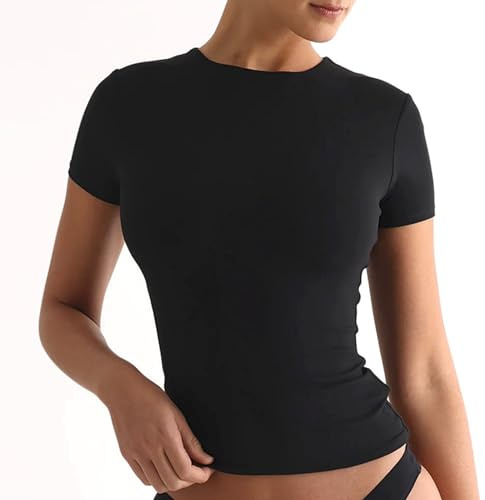 Arkim Y2K Slim Fit Crop T-Shirt - Short Sleeve Street Fashion Summer Top for Women (Basic-Black, L)