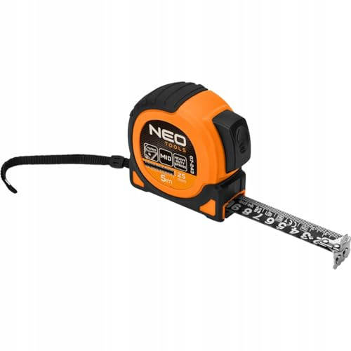 NEO TOOLS Professional Maßband 5m x 25mm, Schwarz Nylon-Stahlband | Magnethaken- 2 Stopp-Tasten, Doppelseitige Skala, Automatischer Bandstopp, MID-Genauigkeit, Anti-Rutsch Gehäuse, Gürtelklemme