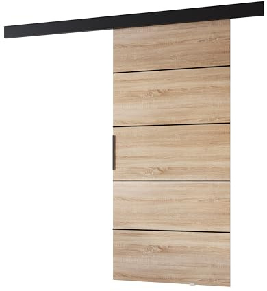 MINIO go for it - Schiebetüren 106 cm PRIM 1K Schiebetür Zimmertür | Schiebetürsystem für Zimmer, Wandmontage, Türe Innen - Dekorleiste, Oberblende, Türgriff in Schwarz, Sonoma Eiche / Schwarz