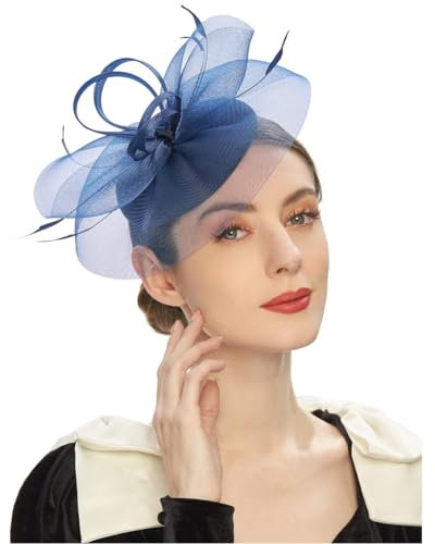 HIQIU Fascinators Hut für Damen Blume Mesh Federn Tüll Bräute Kopfschmuck Haarschmuck mit Stirnband und Clip für Tea Party Hochzeit Kirche (DE/NL/SE/PL, Alphanumerisch, Einheitsgröße, Marineblau)