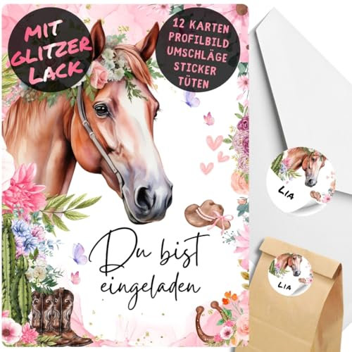 celebr8te 12x Pferde Glitzer Einladungskarten - Für den Kindergeburtstag von Mädchen - Partyeinladungen für Geburtstage mit Pferde Motiv +12 Umschäge +24 Sticker +12 Tüten